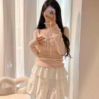 Square Neck Shirred Sleeveless Slim Fit Cotton Long Sleeve T-shirt with Lace Ribbon