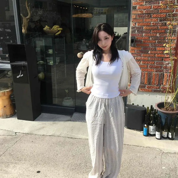 Linen Seersucker Striped Elastic String Wide Long Pants