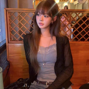 Linen See-through Salanta V-Neck Button Crop Loose Fit Cardigan