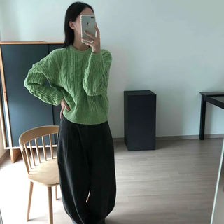 Cable Knit Round Neck Loose Fit Thick Knit