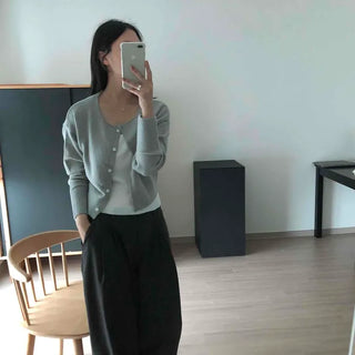 Wool Cashmere Cozy Round Neck Button Crop Cardigan