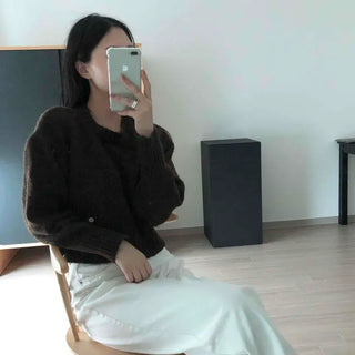 Angora Wool Boucle Heather Round Neck Loose Fit Crop Knit