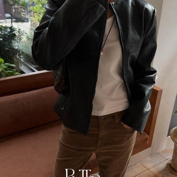 Lida leather jacket, collarless stand-neck zip-up rider leather short jacket
