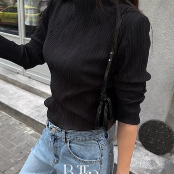 Penna Pleated Mock Top, Pleated Mock Neck Long Sleeve See-through T-shirt