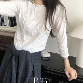 Crease boatneck T-shirt, wrinkle three-dimensional pleat 3/4 sleeve long-sleeve blouse