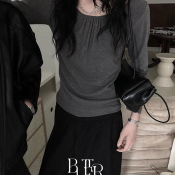Linel Shirred T-shirt, U-neck Long Sleeve Shirred U-neck Tension Layered Autumn Daily