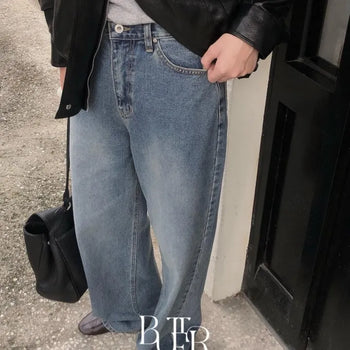 Brooklyn denim pants, wide washed straight long jeans