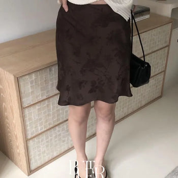 Satin Drawing Skirt, Jacquard Flower Semi A-line Midi Flare Autumn