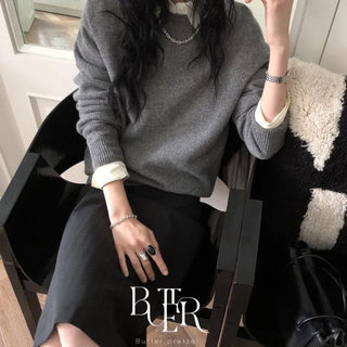 Raw Cashmere Round Knit, Cashmere Loose Fit Long Sleeve Basic Top