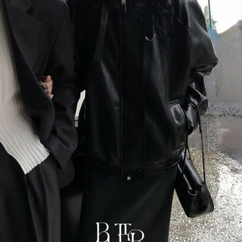 Noel Buckle Leather Blouson, High-Neck Loose-Fit Ribbed Leather Jacket Jumper