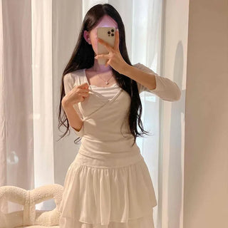 Lace Ribbon Frill Integrated Sleeveless Layered Square Neck Slim Fit 3/4 Sleeve T-shirt