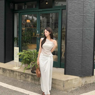 High-Waisted Drape Wrap Shirred Rayon Long Skirt