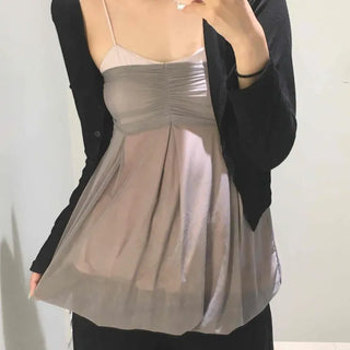 Chiffon Mesh Noise Bustier Square Neck Slim Fit Shirred Sleeveless