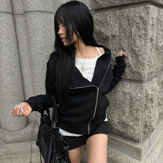 Tension High-Neck Diagonal Zip-Up Hoodie