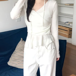 Tie Set V-Neck Shirred Wrap Knit Tee
