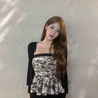 Marble Print Shirred Crop Cardigan Two-Piece