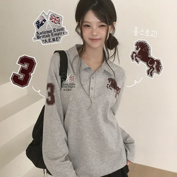 Loose Fit, Pony Horse Number Print Collar Button Delicate Slim Fit Long Sleeve T-shirt