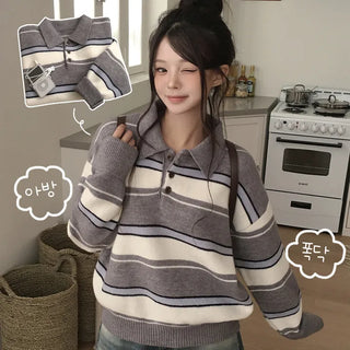 Lovely Mood, Contrast Stripe Collar Button Avant-garde Loose Fit Long Sleeve Knit