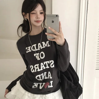 Heart Lettering Round Neck Delicate Loose Fit Long Sleeve T-shirt