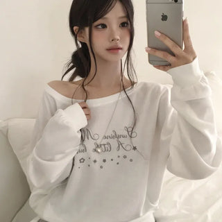 Delicate~ One-off Shoulder Boat Neck Lettering Avant-garde Loose Fit Sweatshirt