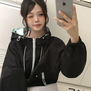 Guaranteed Cuteness, Contrast Drawstring High Neck Avant-garde Loose Fit Hooded Windbreaker Transitional Season Jumper