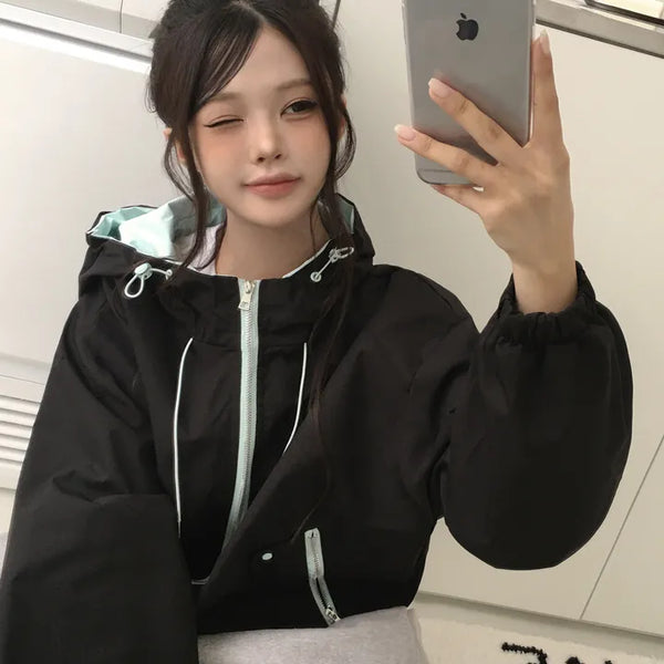 Guaranteed Cuteness, Contrast Drawstring High Neck Avant-garde Loose Fit Hooded Windbreaker Transitional Season Jumper