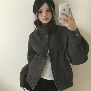 High-neck Button Cut Washed Raglan Blouson Collared Jacket for Transitional Season