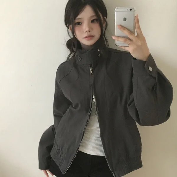 High-neck Button Cut Washed Raglan Blouson Collared Jacket for Transitional Season