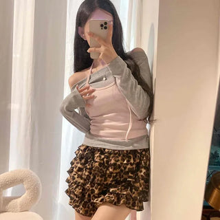 Off-shoulder Back Ribbon Bustier Set Slim Fit Crop Knit Long Sleeve T-shirt