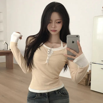 Contrast halter neck layered button ribbed delicate slim fit long sleeve t-shirt