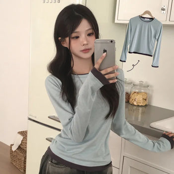Effortless Chic Color Block Layered One-Piece Delicate Fit Long Sleeve T-shirt
