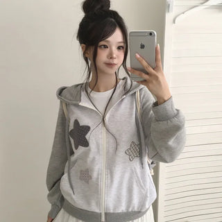 Kitsch Star Check Dot Embroidery Patch Contrast Raglan Two-way Avant-garde Boxy Oversized Zip-up Hoodie