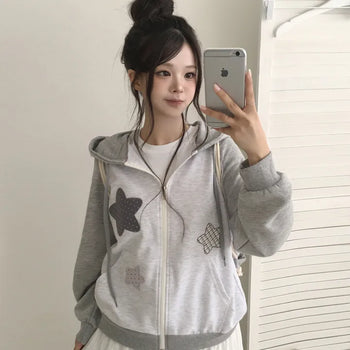 Kitsch Star Check Dot Embroidery Patch Contrast Raglan Two-way Avant-garde Boxy Oversized Zip-up Hoodie