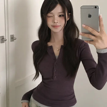 One-piece Sleeveless Layered Henley Neck Button Slim Delicate Fit Long Sleeve T-shirt