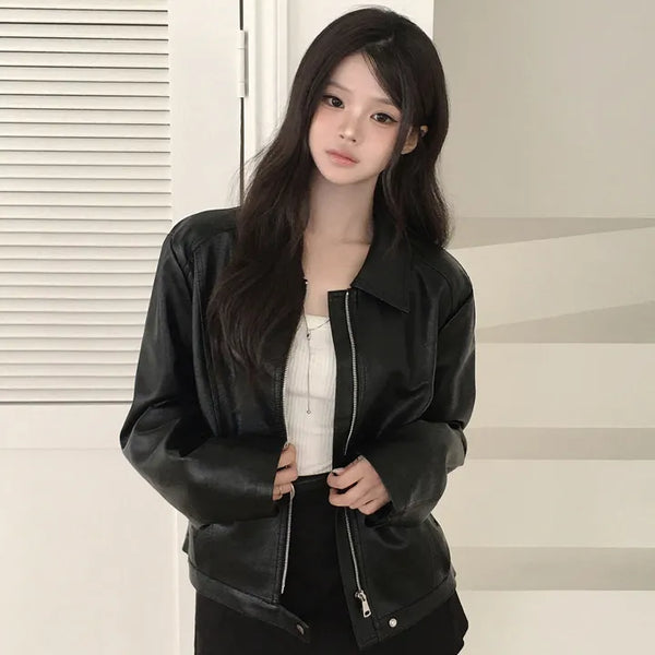 Autumn Mood, Classic Collared Neck Quilted Loose Fit Blouson Leather Rider Jacket Jumper
