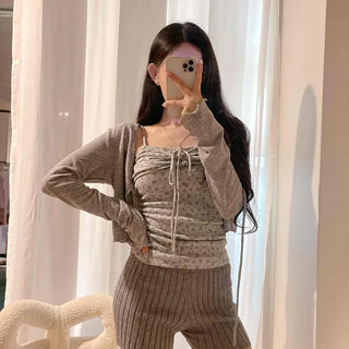 Beaded Sleeveless Set Round Neck Ribbon See-through Slim Fit Crop Long Sleeve Knit Cardigan