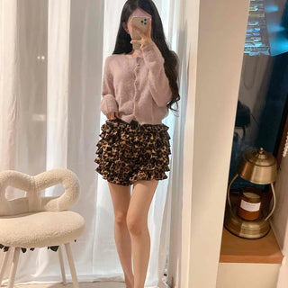Leopard Tiered Ribbon Elastic Balloon Shorts