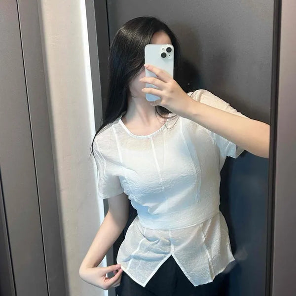 Silket Cotton Wrap Back Ribbon Waist Strap Slit Shirring Blouse