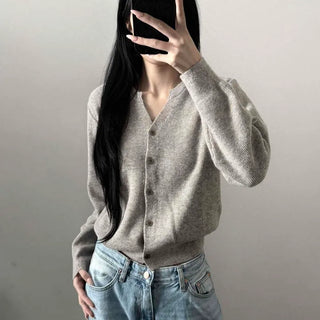 Cashmere Wool Ribbed Round Neck Balloon Thick Slit Crop Cardigan