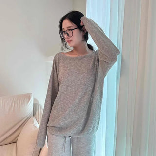 Heather Boat Neck Button Loose Fit Long Sleeve Knit