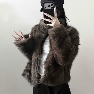 Shirt Collar Faux Fur Cropped Loose Fit Button Zipper Long Sleeve Jacket