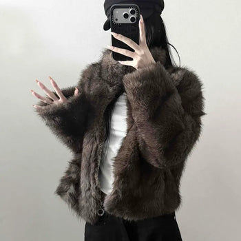 Shirt Collar Faux Fur Cropped Loose Fit Button Zipper Long Sleeve Jacket