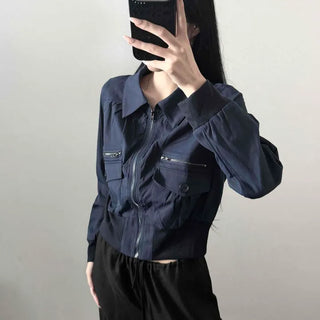 Denim Crop Collar Out-Pocket Button Long Sleeve Jumper