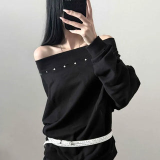 Off-shoulder Studded Patch Detail Double-Sided Oversized Sweatshirt