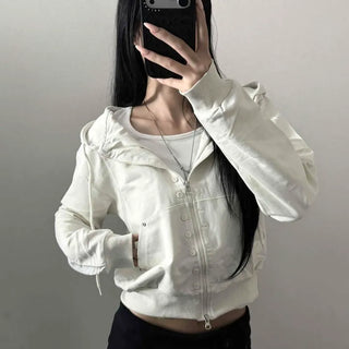 Studded Button Two-Way Cotton Pocket Crop Oversized Hoodie