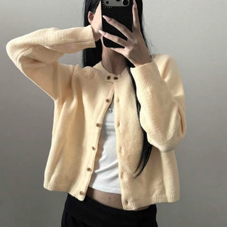 Wool Cashmere Round Neck Two-Button Loose Fit Crop Knit Cardigan