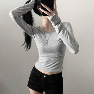 Slim Fit U-Neck Inner Crop Knit Long Sleeve T-Shirt