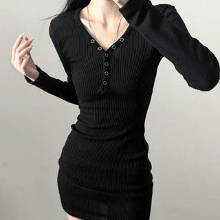 Ribbed Knit V-Neck Snap Button Slim Fit H-Line Long Sleeve Mini Dress