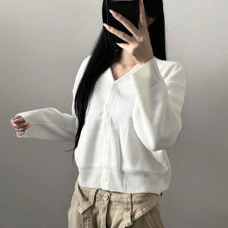 V-Neck Button Crop Loose Fit Knit Cardigan