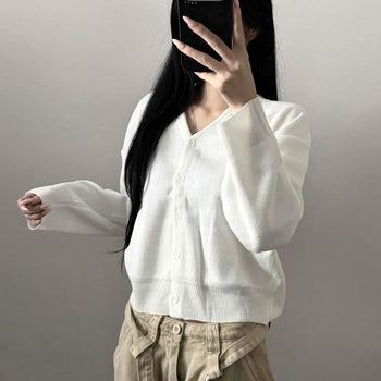 V-Neck Button Crop Loose Fit Knit Cardigan